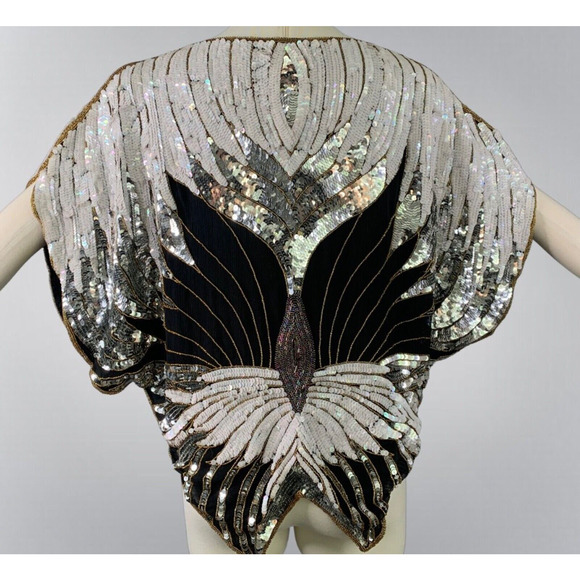 80s Lillie Rubin Evening Black White & Silver Sequins & Beads Butterfly Top - Picture 2 of 6